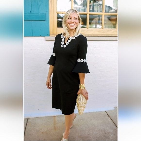 Talbots Embroidered Flounce-Sleeve Shift Dress Black & White, sz 16 - Picture 1 of 11